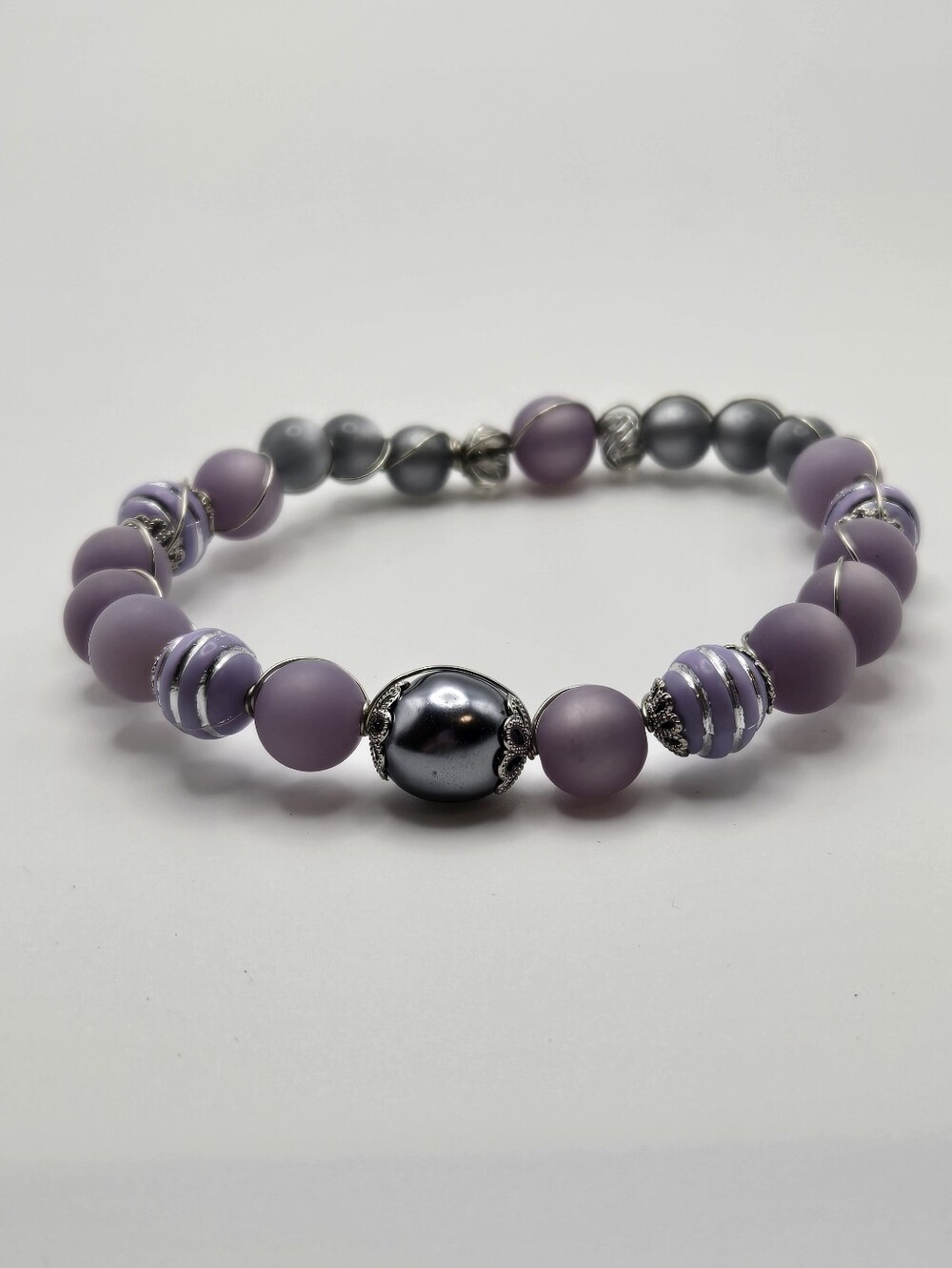 Amethyst Bead Wired Bracelet Handmade Jewelry Purple Shades & Silver Tone